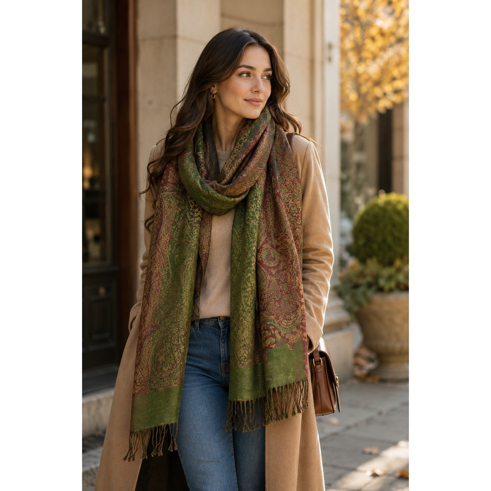 Green Rust Paisley Pashmina Shawl Wrap Womens Fringe Boho Fall Scarf